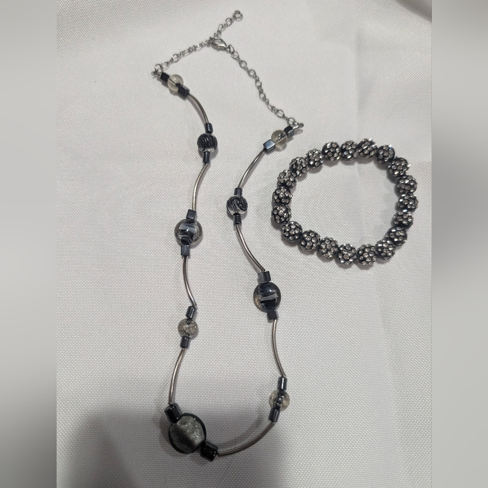 Silver-Tone Beaded Necklace and Bracelet Set